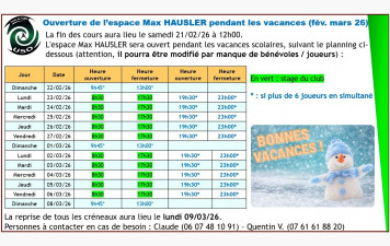 Ouverture pendant les vacances février - mars 2026